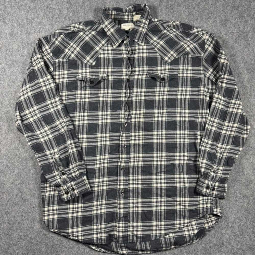 Stetson Mens‎ Grey White Plaid Western Flannel Button Up Shirt 2XL Long Sleeve